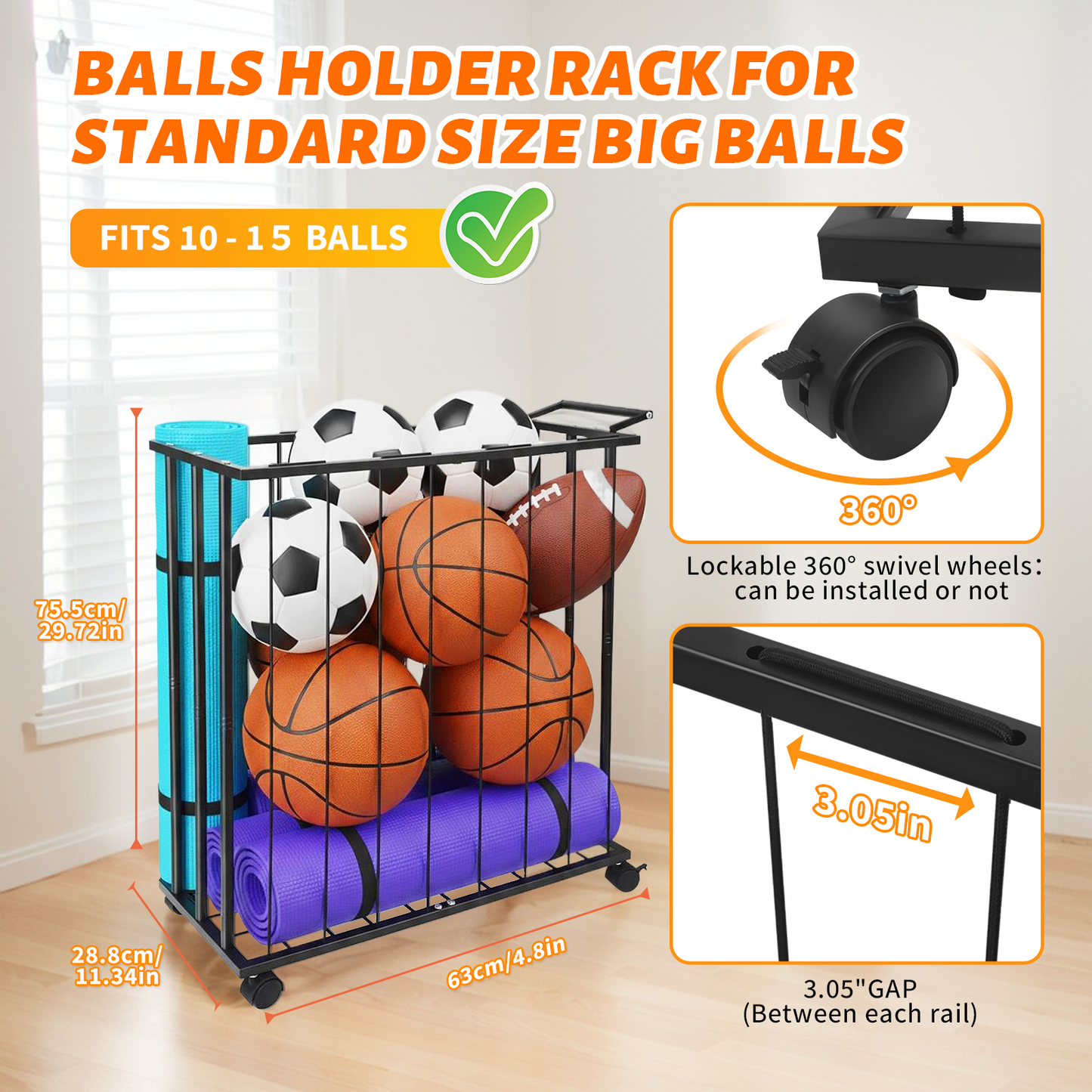 Chariot Rangement Balles Sport – Bac Métal avec Roues Organisateur Garage Salle de Sport