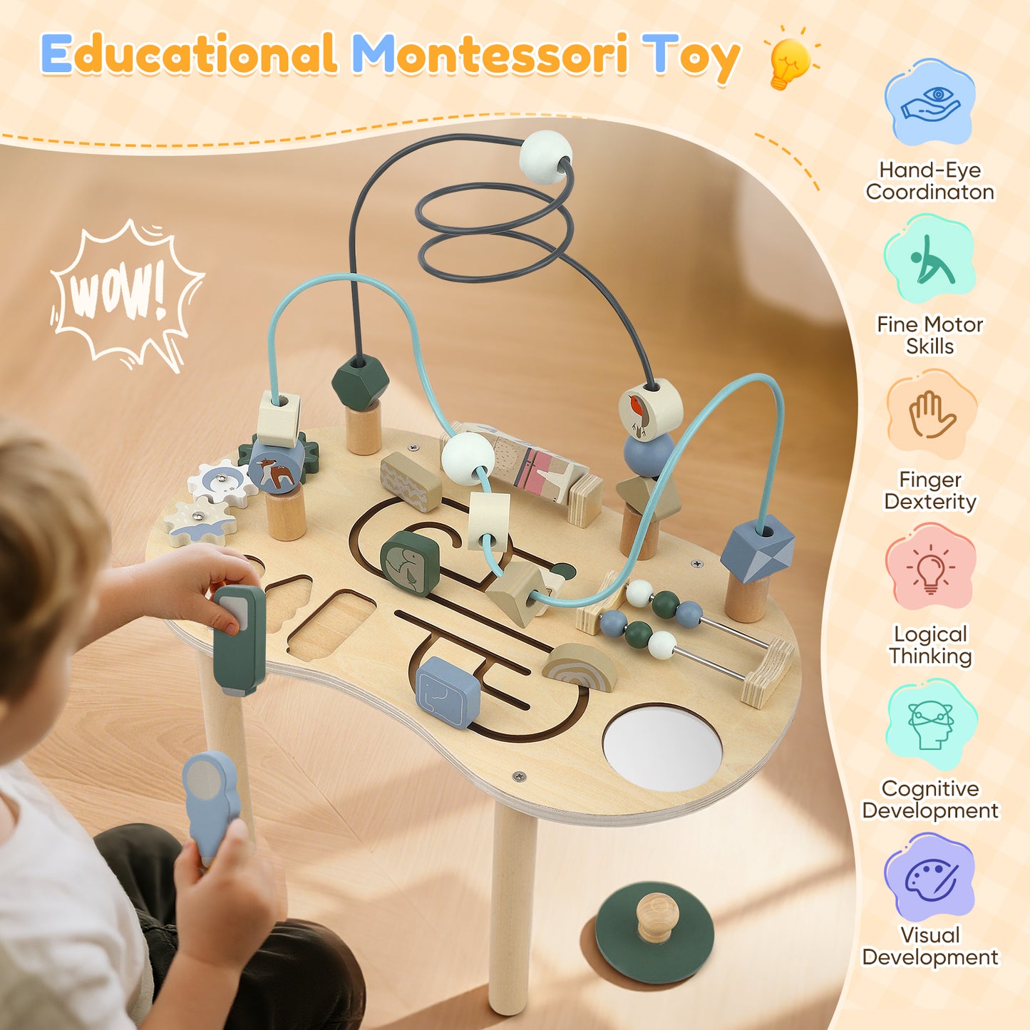 Table d’Activités Montessori en Bois – Jouet Sensoriel Éducatif pour Enfants 2-4 Ans