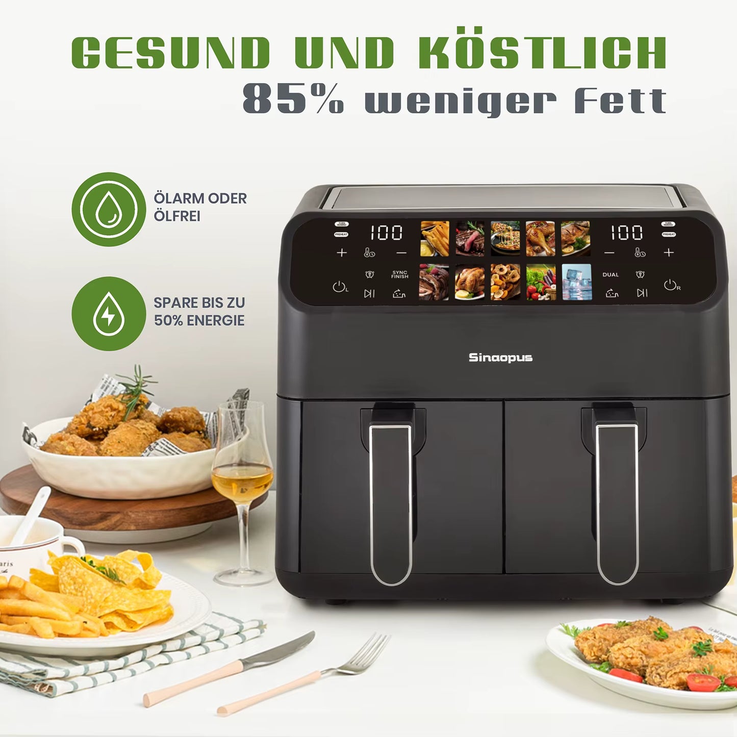 Friteuse à Air Chaud Double Panier 9L Sans Huile Écran Tactile LED XXL Familiale avec Fenêtre Visible