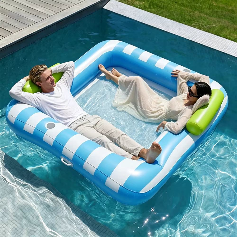 Matelas Flottant Gonflable Double Piscine – Ìlot 2 Personnes avec Appuie-têtes | Bleu