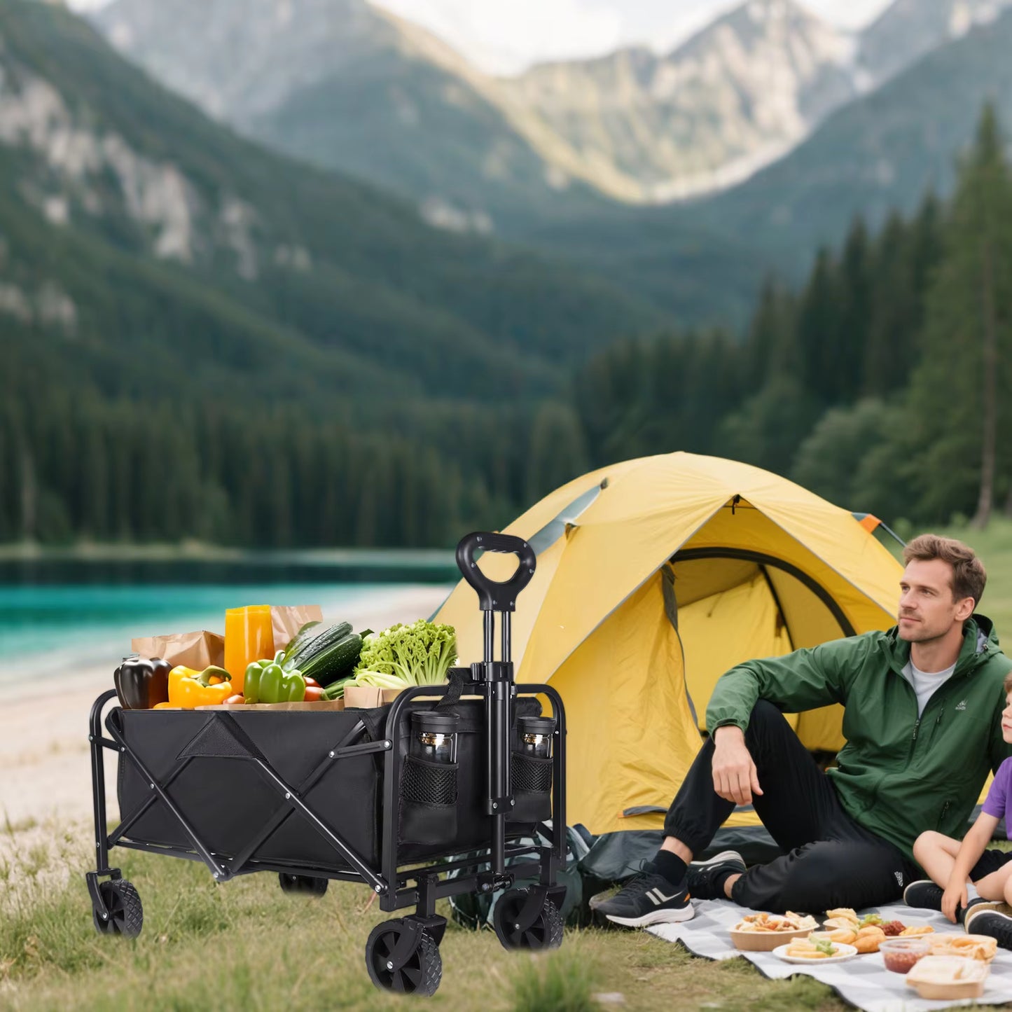 Chariot de Camping Pliable 100L 75KG avec Roues Sac de Transport Poignée Réglable Beach Wagon Outdoor
