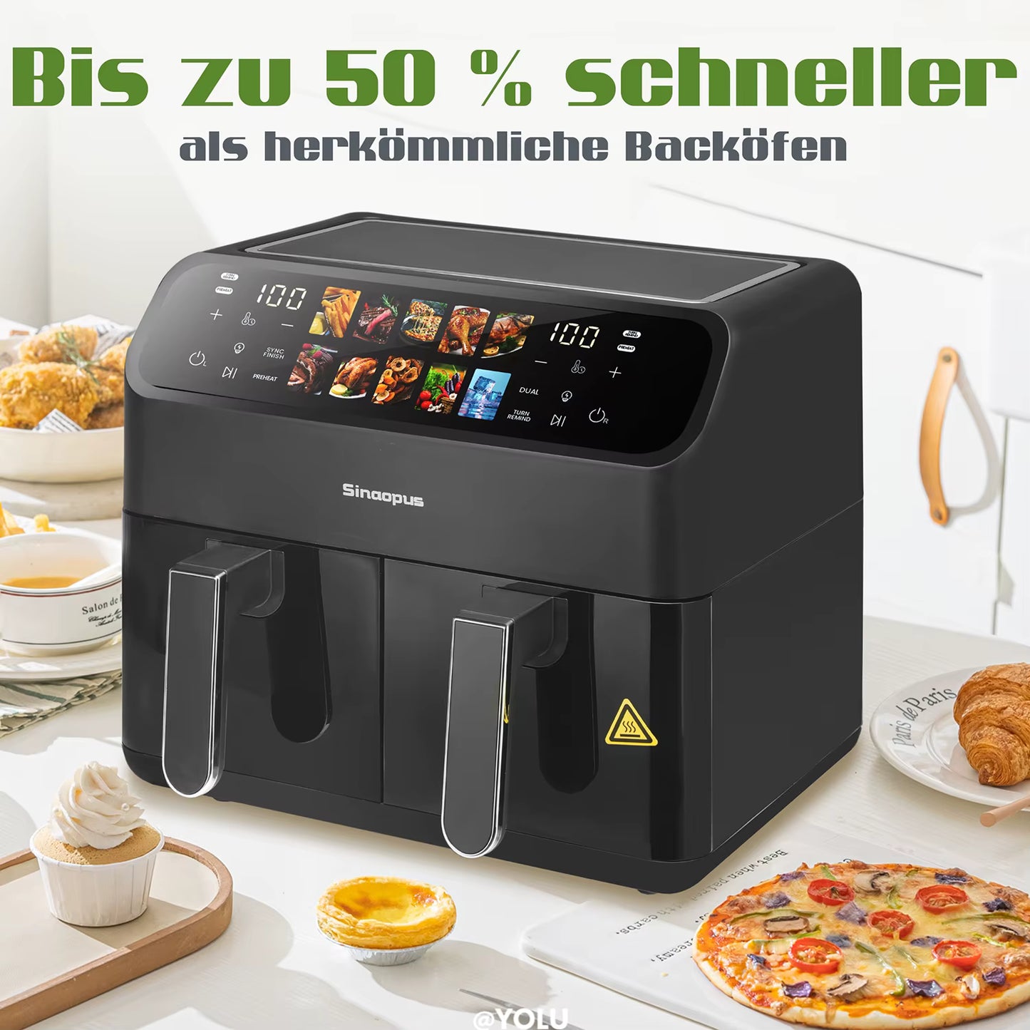 Friteuse à Air Chaud Double Panier 9L Sans Huile Écran Tactile LED XXL Familiale avec Fenêtre Visible