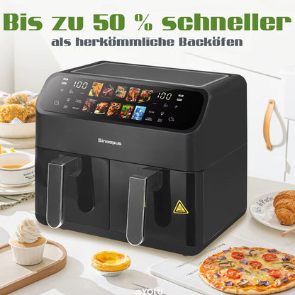 Friteuse à Air Chaud Double Panier 9L Sans Huile Écran Tactile LED XXL Familiale avec Fenêtre Visible