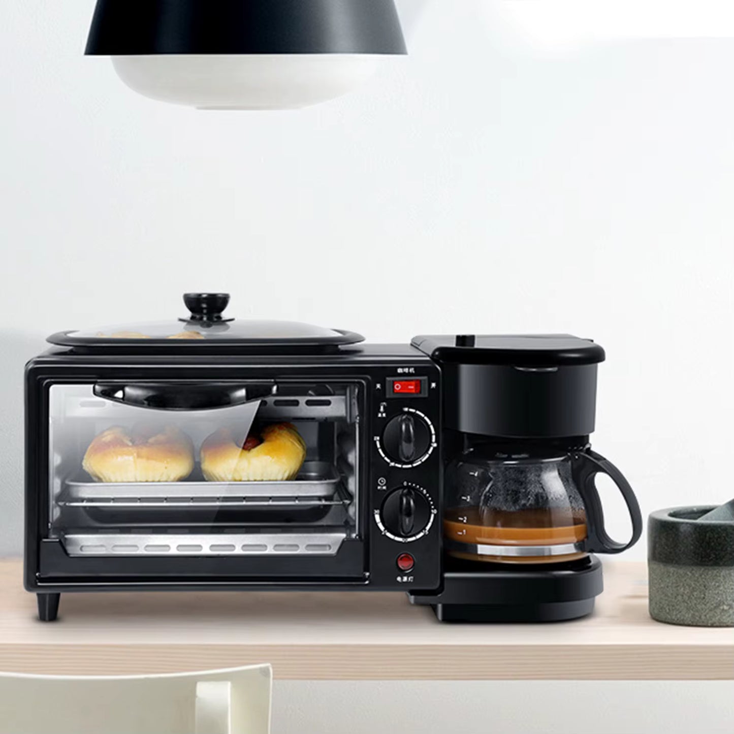 Station Petit Déjeuner 3 en 1 Multifonction avec Four, Cafetière et Grille-Pain Compact Noir