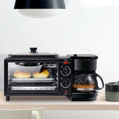 Station Petit Déjeuner 3 en 1 Multifonction avec Four, Cafetière et Grille-Pain Compact Noir