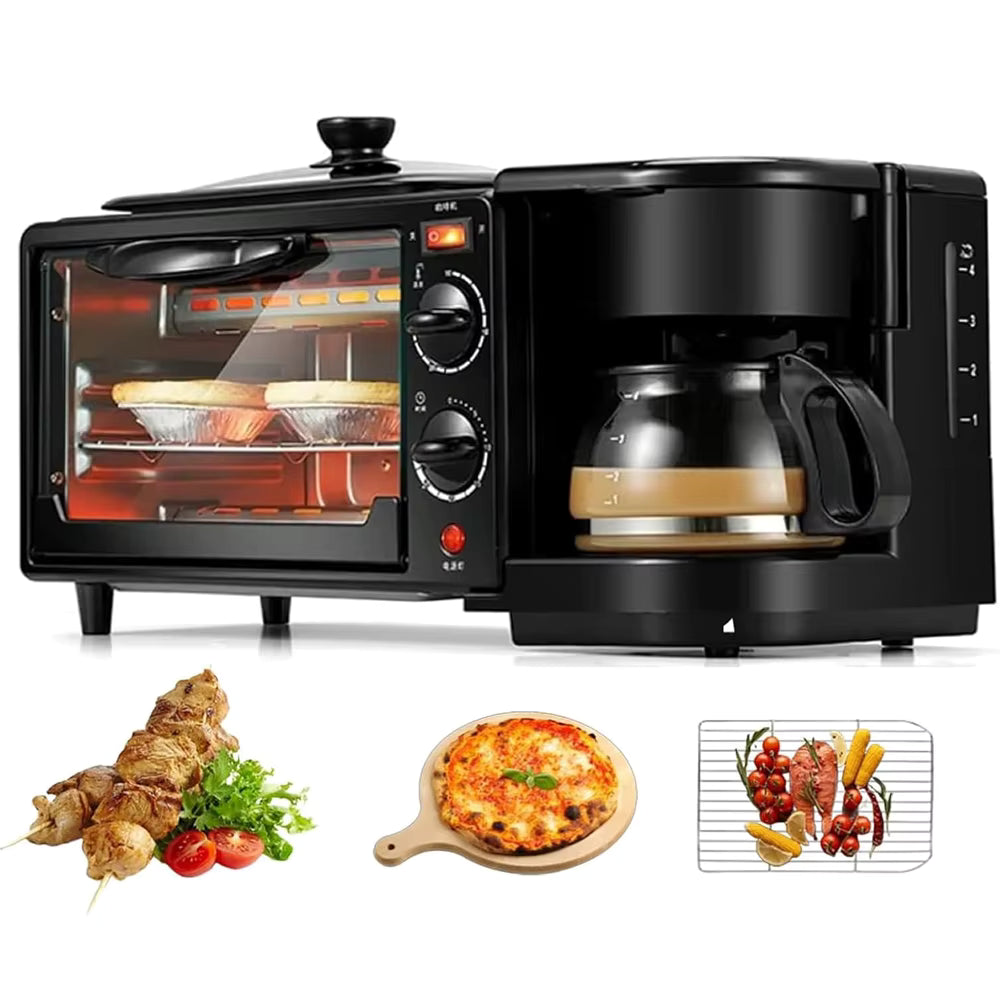 Station Petit Déjeuner 3 en 1 Multifonction avec Four, Cafetière et Grille-Pain Compact Noir