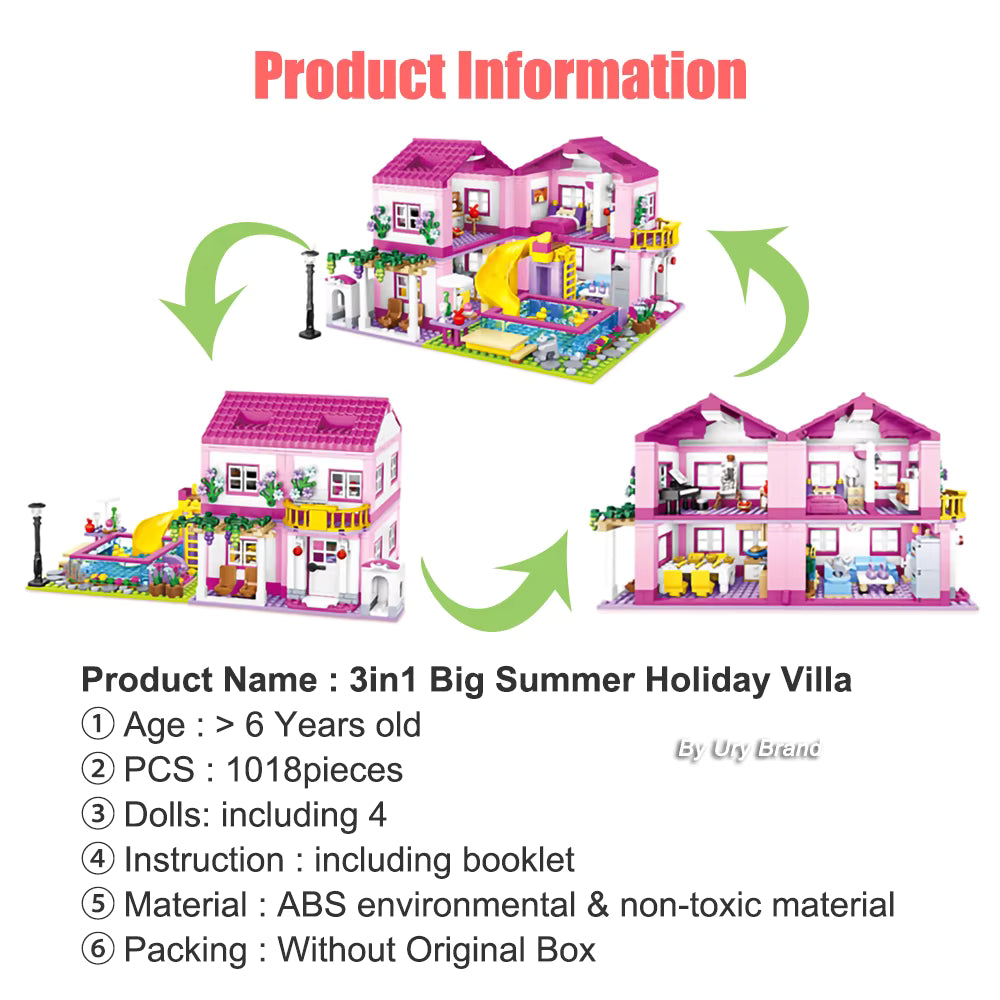 Villa Maison de Vacances en Blocs de Construction 1018 Pièces – Jeu Créatif Enfant avec Piscine et Toboggan – Cadeau Fille