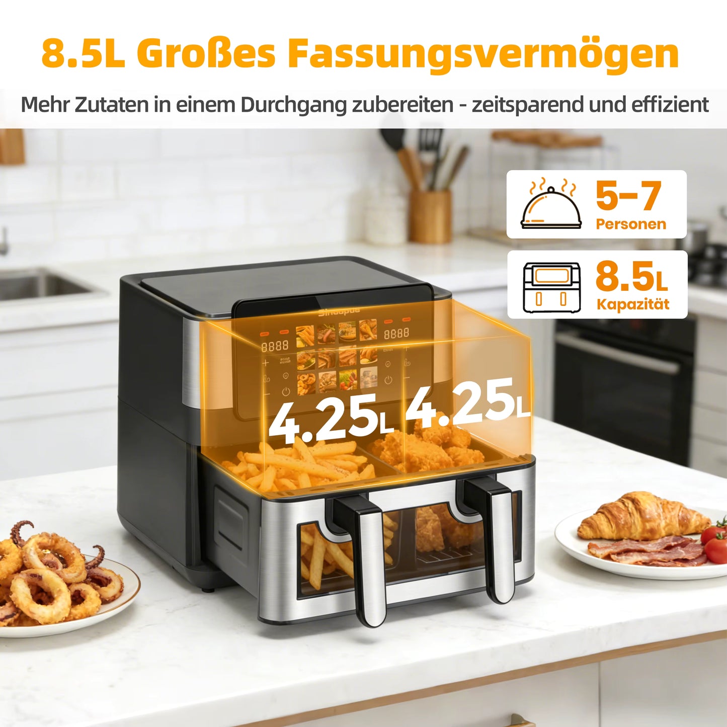 Friteuse à Air Chaud Double Panier 8,5L 2000W – Écran Tactile LED – Air Fryer Familiale 12 Programmes Sans Huile – Fenêtre de Visualisation
