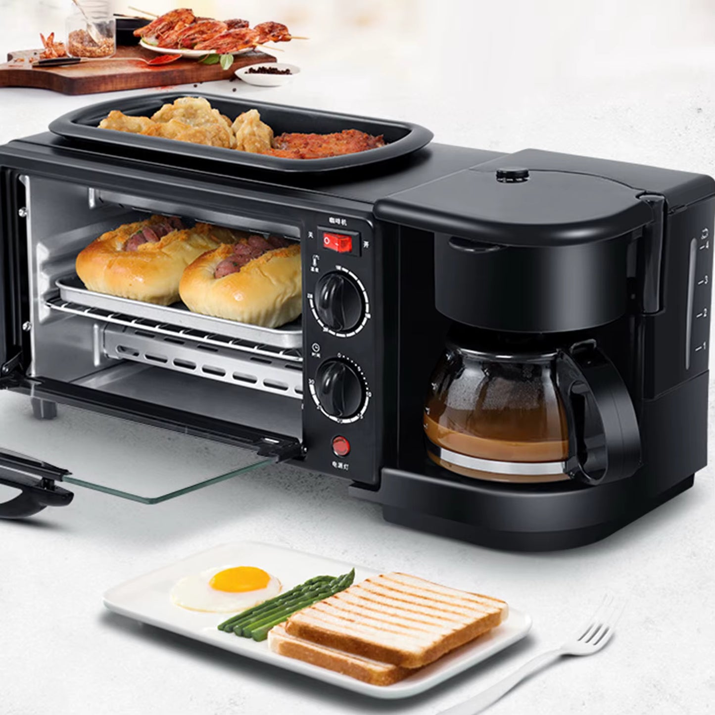 Station Petit Déjeuner 3 en 1 Multifonction avec Four, Cafetière et Grille-Pain Compact Noir