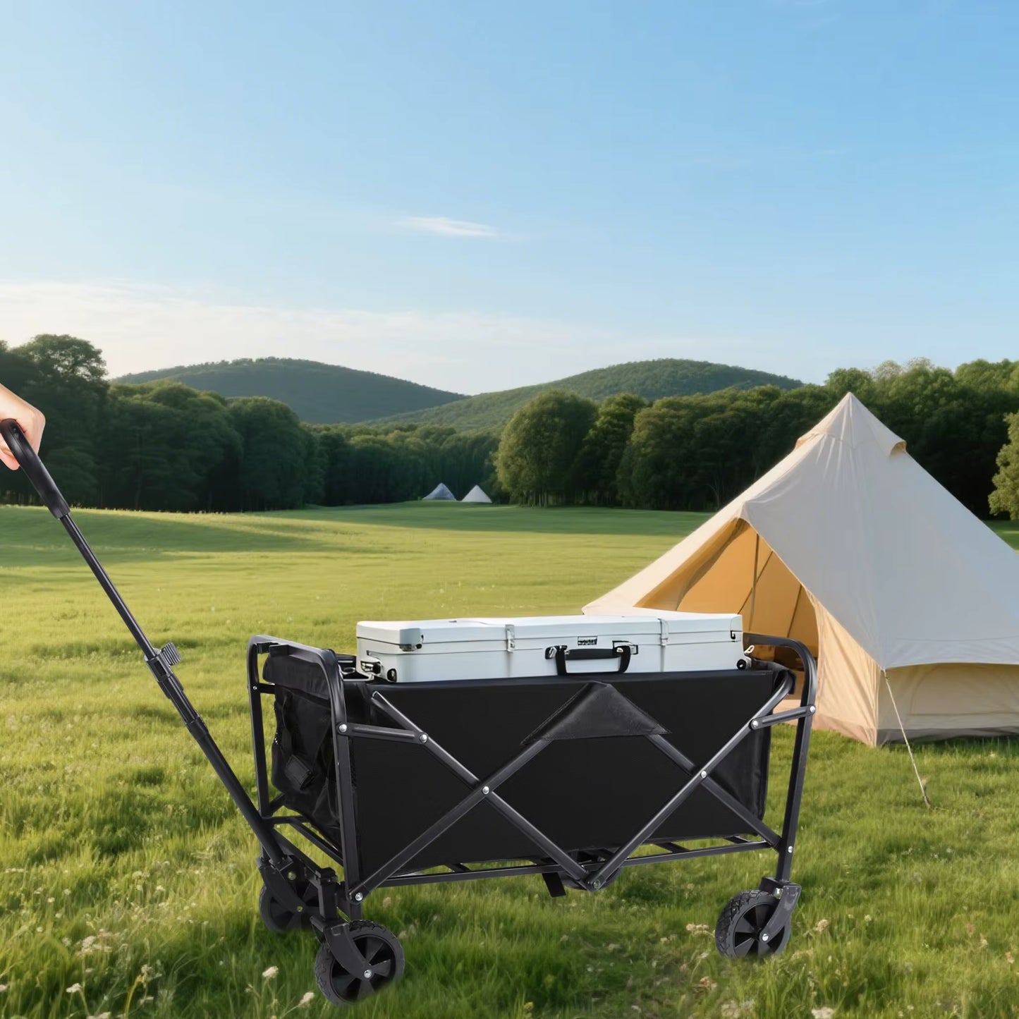Chariot de Camping Pliable 100L 75KG avec Roues Sac de Transport Poignée Réglable Beach Wagon Outdoor