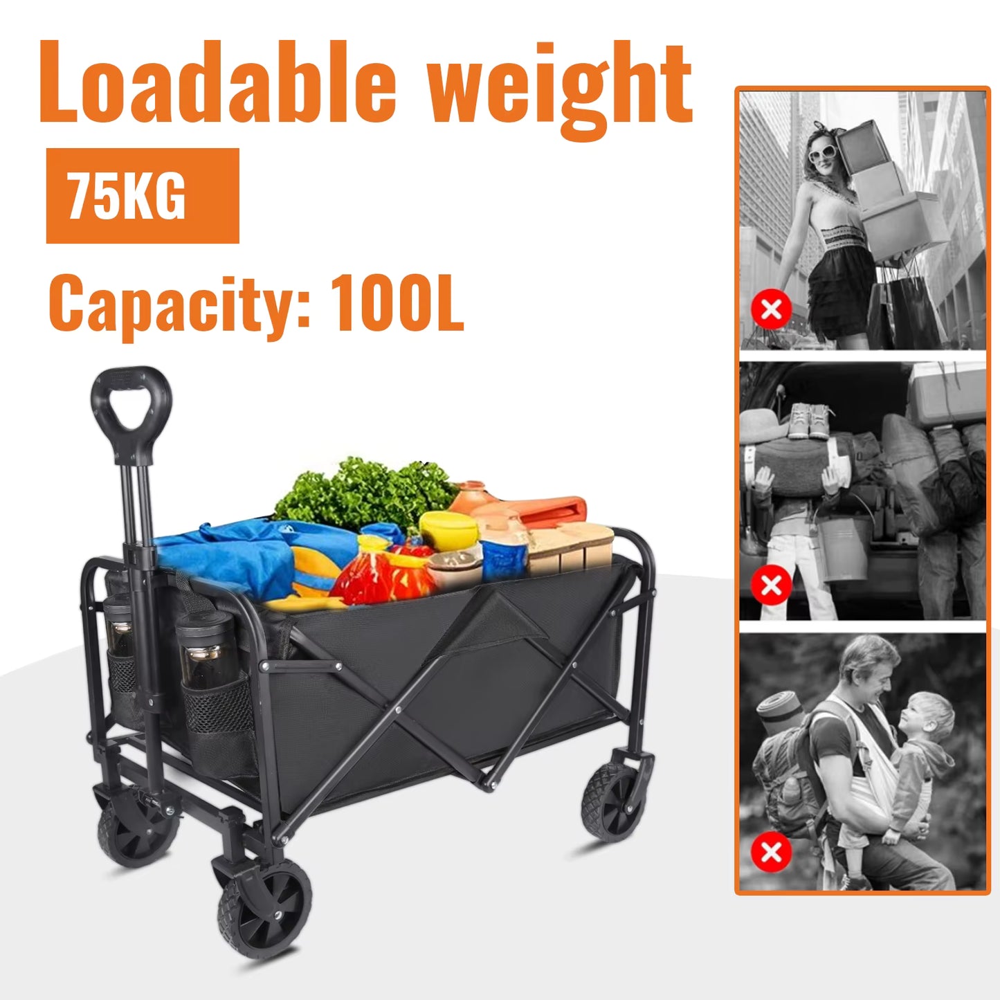 Chariot de Camping Pliable 100L 75KG avec Roues Sac de Transport Poignée Réglable Beach Wagon Outdoor