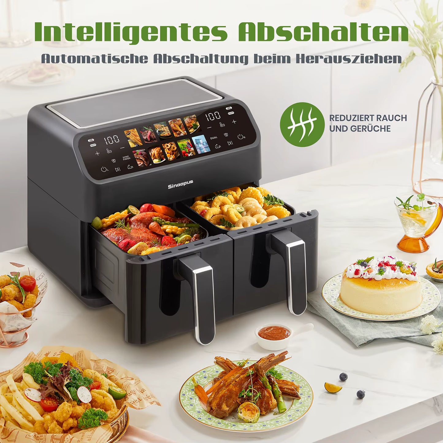 Friteuse à Air Chaud Double Panier 9L Sans Huile Écran Tactile LED XXL Familiale avec Fenêtre Visible