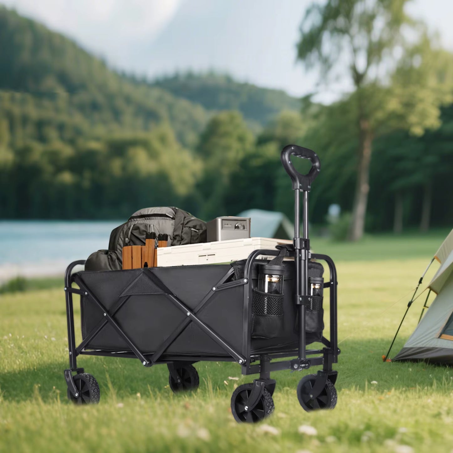 Chariot de Camping Pliable 100L 75KG avec Roues Sac de Transport Poignée Réglable Beach Wagon Outdoor