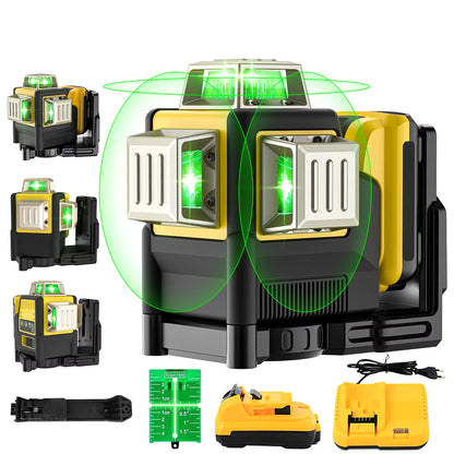 3D 12-Line Green Laser Level 4x360° – Self-Leveling Rechargeable