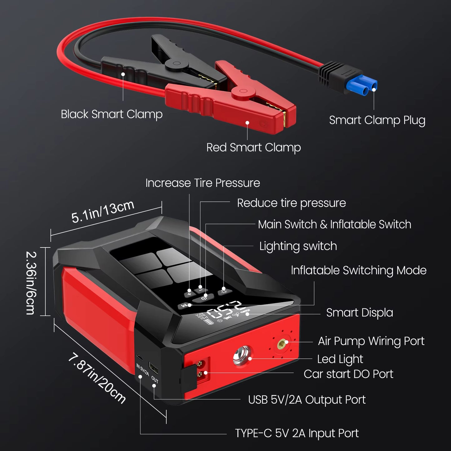 Booster Batterie Voiture Portable – Démarreur d’Urgence avec Pompe à Air