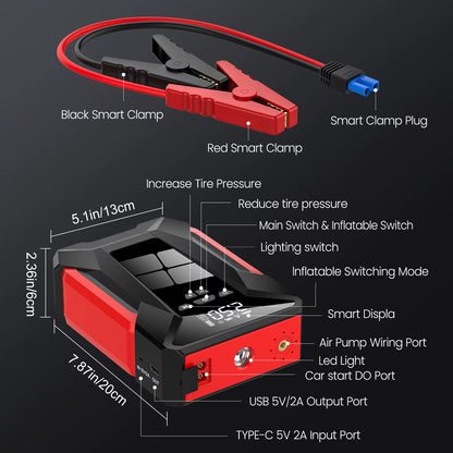 Booster Batterie Voiture Portable – Démarreur d’Urgence avec Pompe à Air