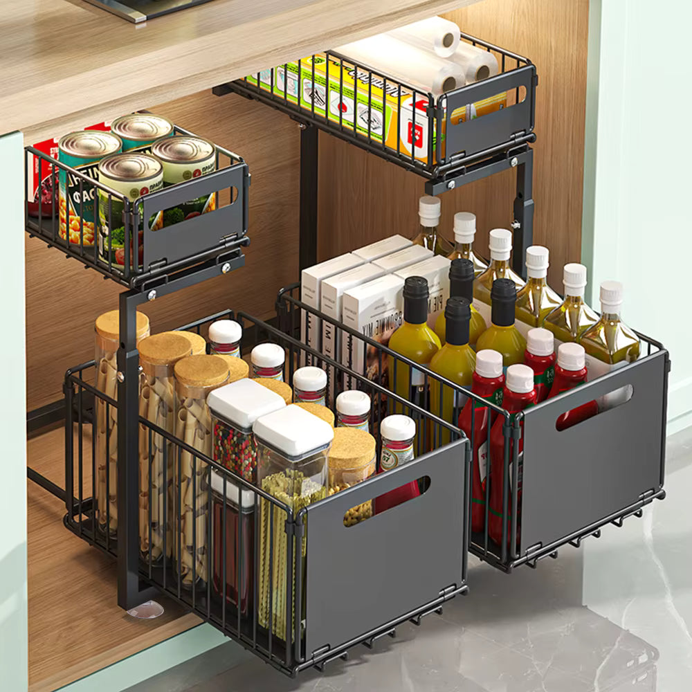 Organisateur d’armoire extractible 2 niveaux avec tiroir coulissant réglable