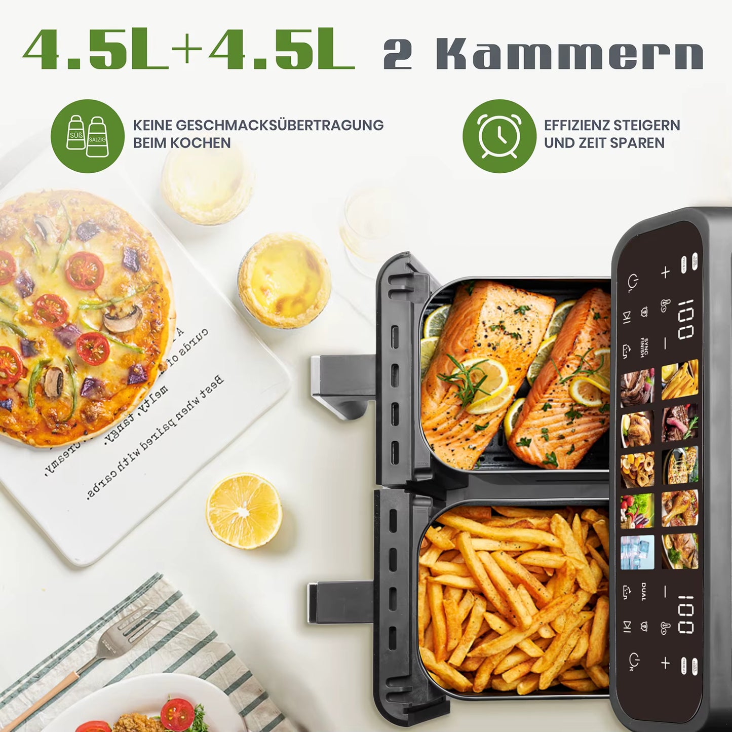 Friteuse à Air Chaud Double Panier 9L Sans Huile Écran Tactile LED XXL Familiale avec Fenêtre Visible