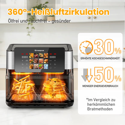 Friteuse à Air Chaud Double Panier 8,5L 2000W – Écran Tactile LED – Air Fryer Familiale 12 Programmes Sans Huile – Fenêtre de Visualisation
