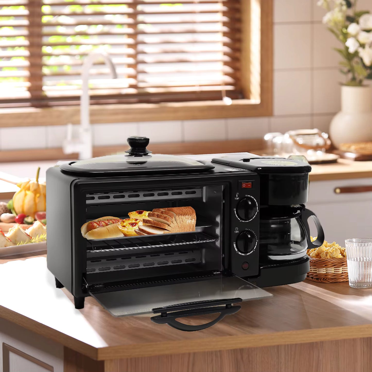 Station Petit Déjeuner 3 en 1 Multifonction avec Four, Cafetière et Grille-Pain Compact Noir