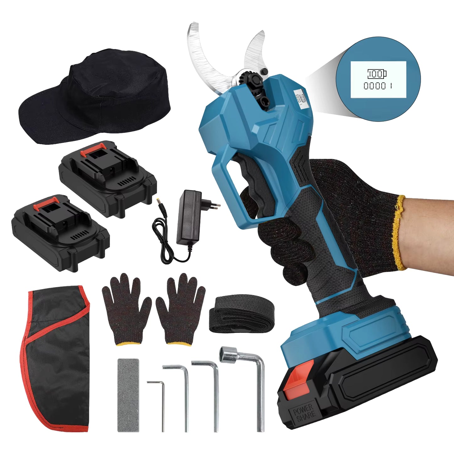 Sécateur Électrique Sans Fil Brushless – Ciseaux de Jardin avec 2 Batteries