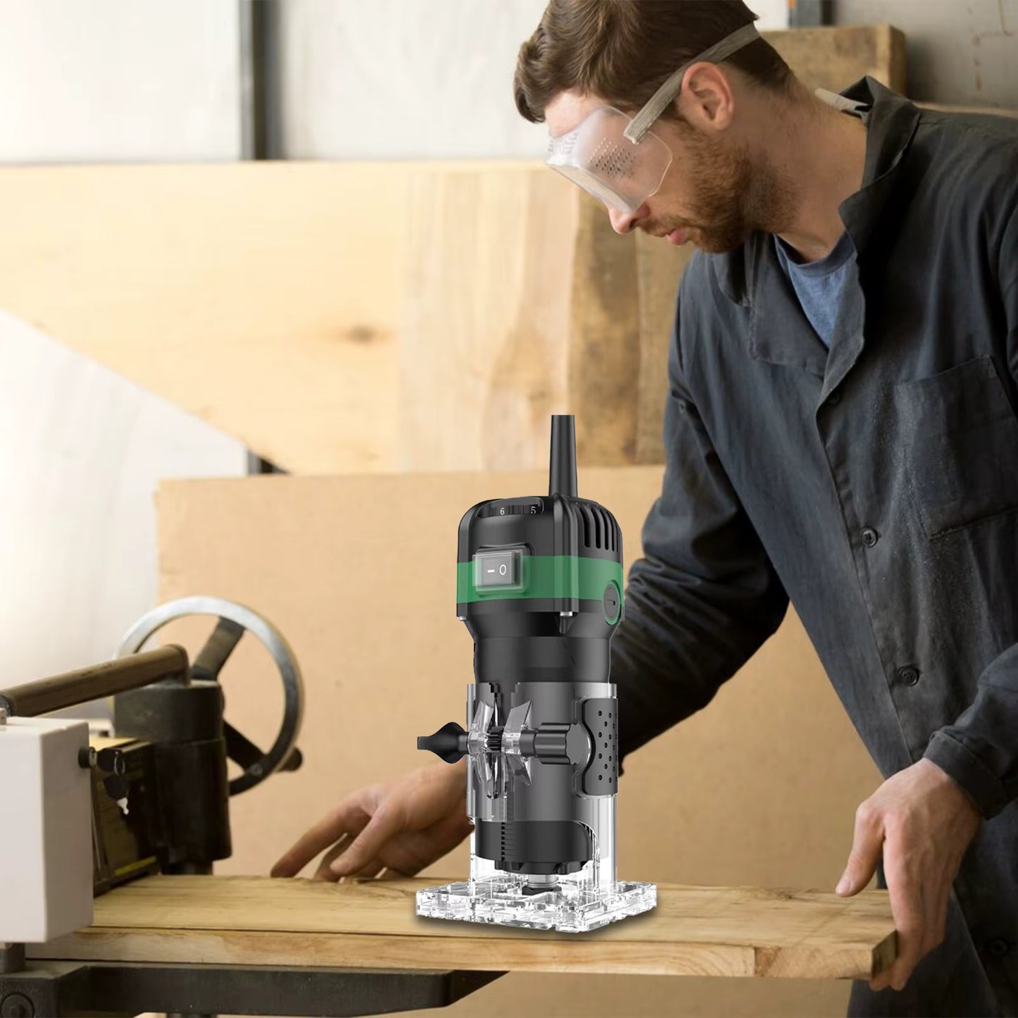 Défonceuse Électrique 800W pour Bois – Routeur de Découpe 33000 tr/min avec 6 Vitesses et Jeu de Forets