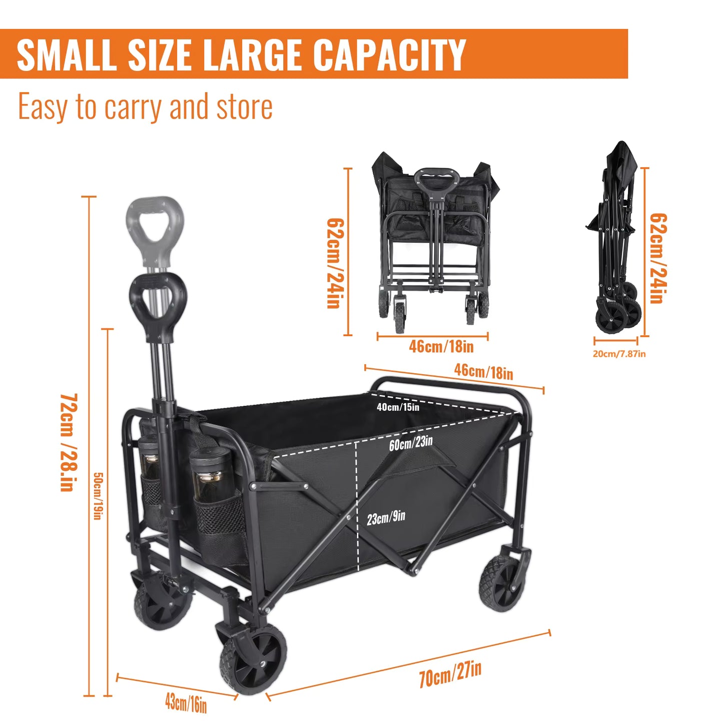 Chariot de Camping Pliable 100L 75KG avec Roues Sac de Transport Poignée Réglable Beach Wagon Outdoor