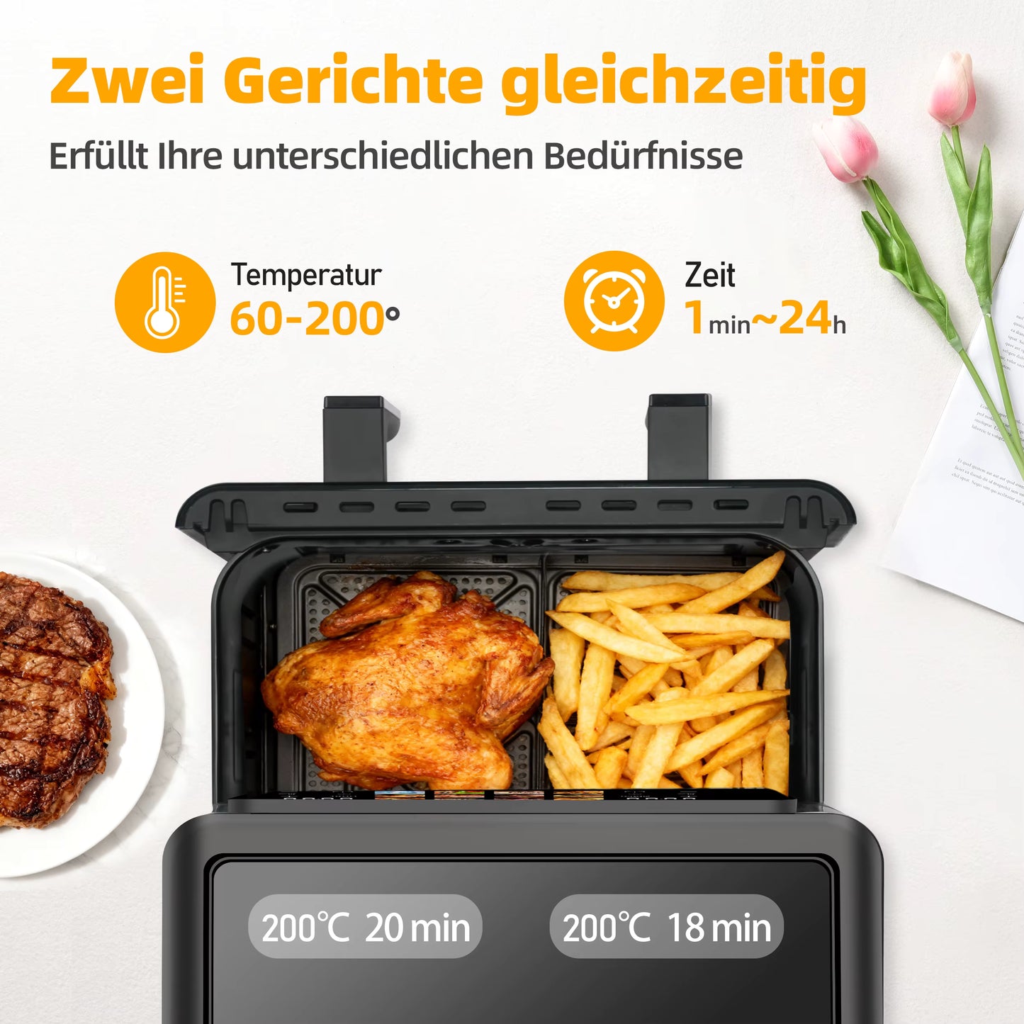 Friteuse à Air Chaud Double Panier 8,5L 2000W – Écran Tactile LED – Air Fryer Familiale 12 Programmes Sans Huile – Fenêtre de Visualisation