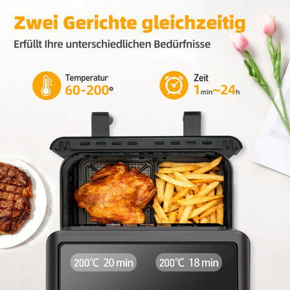 Friteuse à Air Chaud Double Panier 8,5L 2000W – Écran Tactile LED – Air Fryer Familiale 12 Programmes Sans Huile – Fenêtre de Visualisation