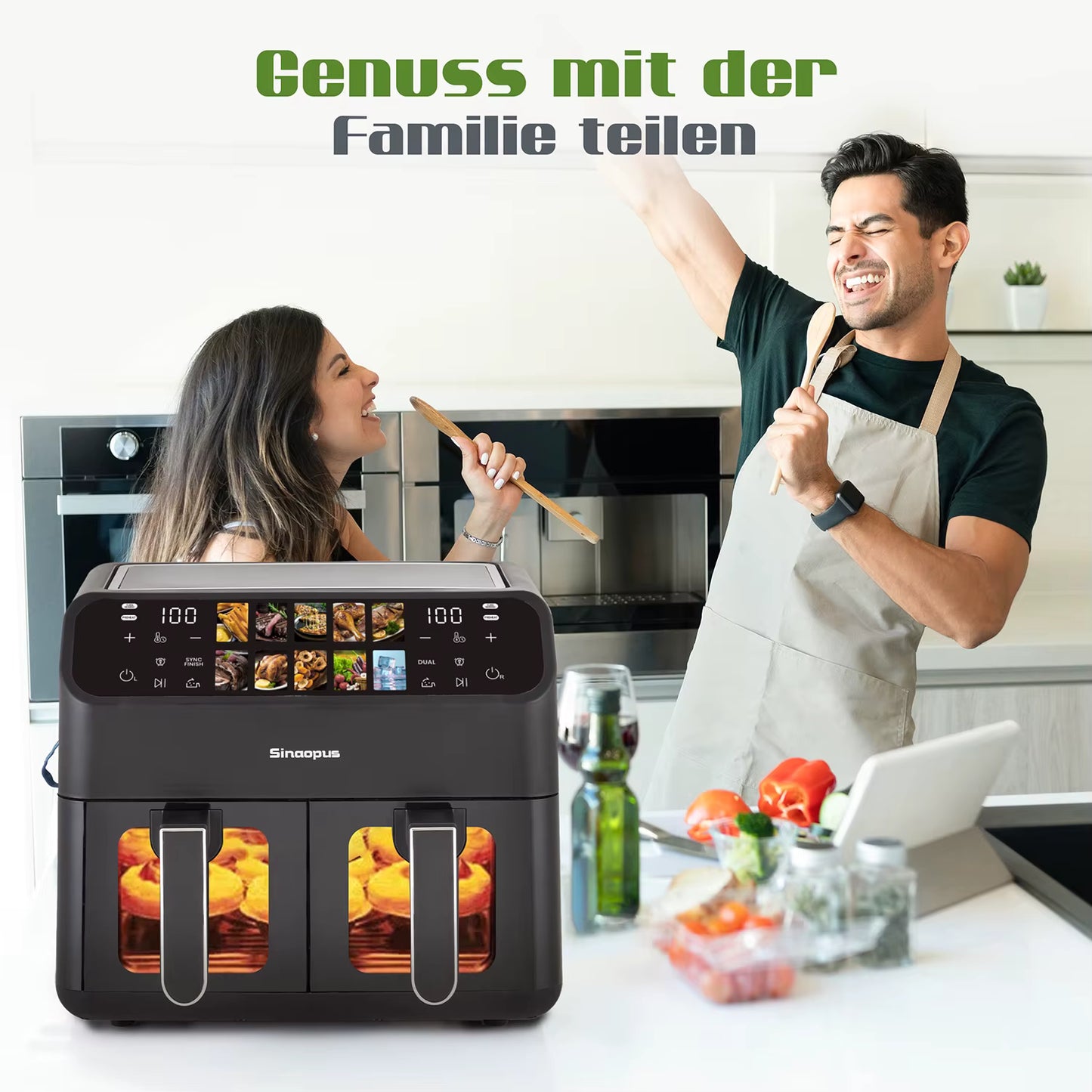 Friteuse à Air Chaud Double Panier 9L Sans Huile Écran Tactile LED XXL Familiale avec Fenêtre Visible