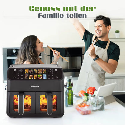 Friteuse à Air Chaud Double Panier 9L Sans Huile Écran Tactile LED XXL Familiale avec Fenêtre Visible