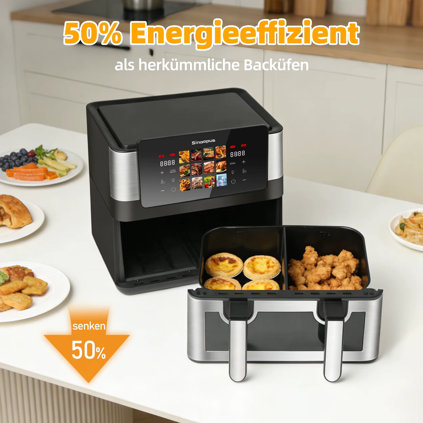Friteuse à Air Chaud Double Panier 8,5L 2000W – Écran Tactile LED – Air Fryer Familiale 12 Programmes Sans Huile – Fenêtre de Visualisation