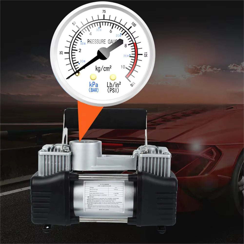 Pompe à Air Électrique Automobile 150 PSI – Compresseur Portable Double Cylindre avec Manomètre – Gonflage Automatique