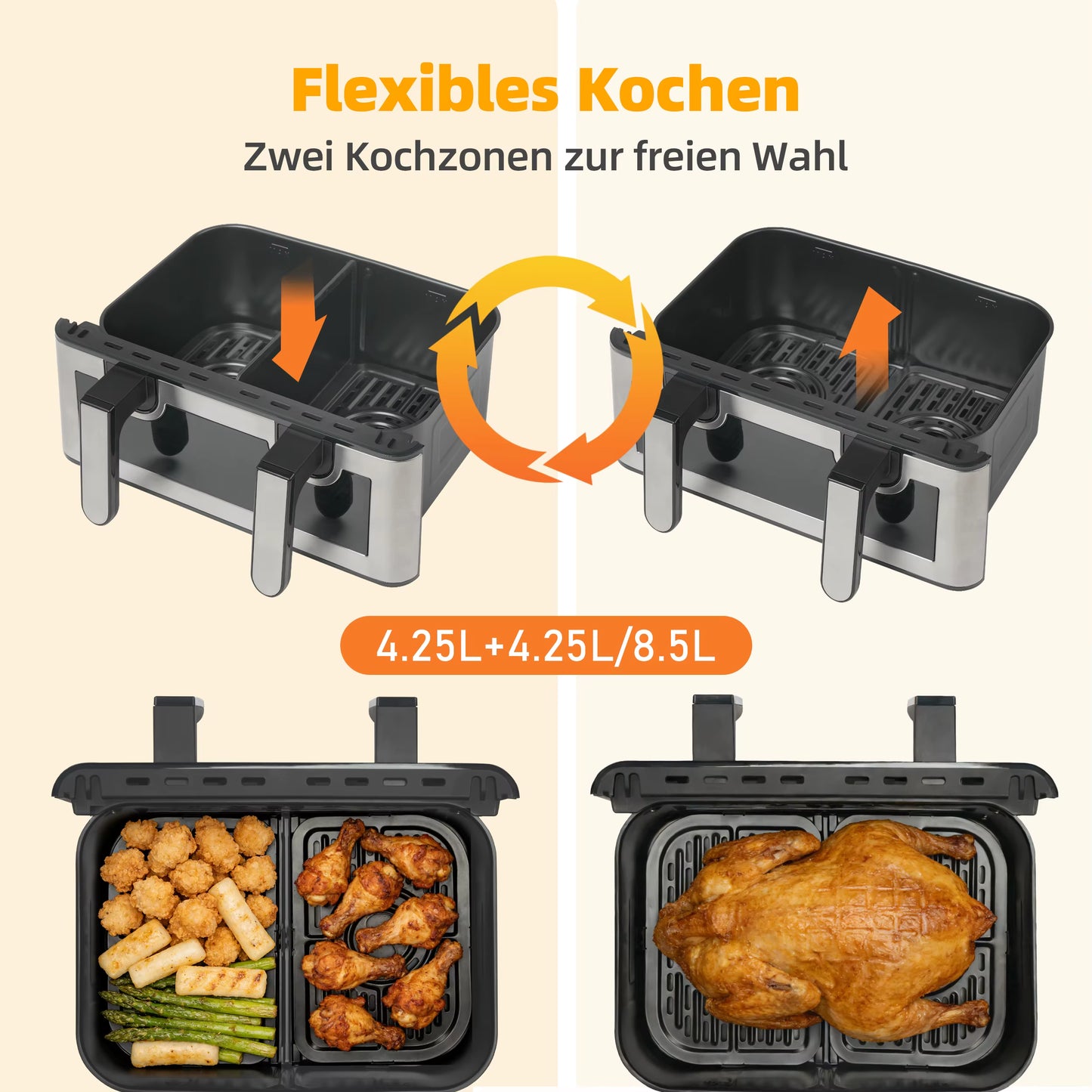 Friteuse à Air Chaud Double Panier 8,5L 2000W – Écran Tactile LED – Air Fryer Familiale 12 Programmes Sans Huile – Fenêtre de Visualisation