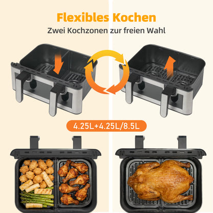 Friteuse à Air Chaud Double Panier 8,5L 2000W – Écran Tactile LED – Air Fryer Familiale 12 Programmes Sans Huile – Fenêtre de Visualisation