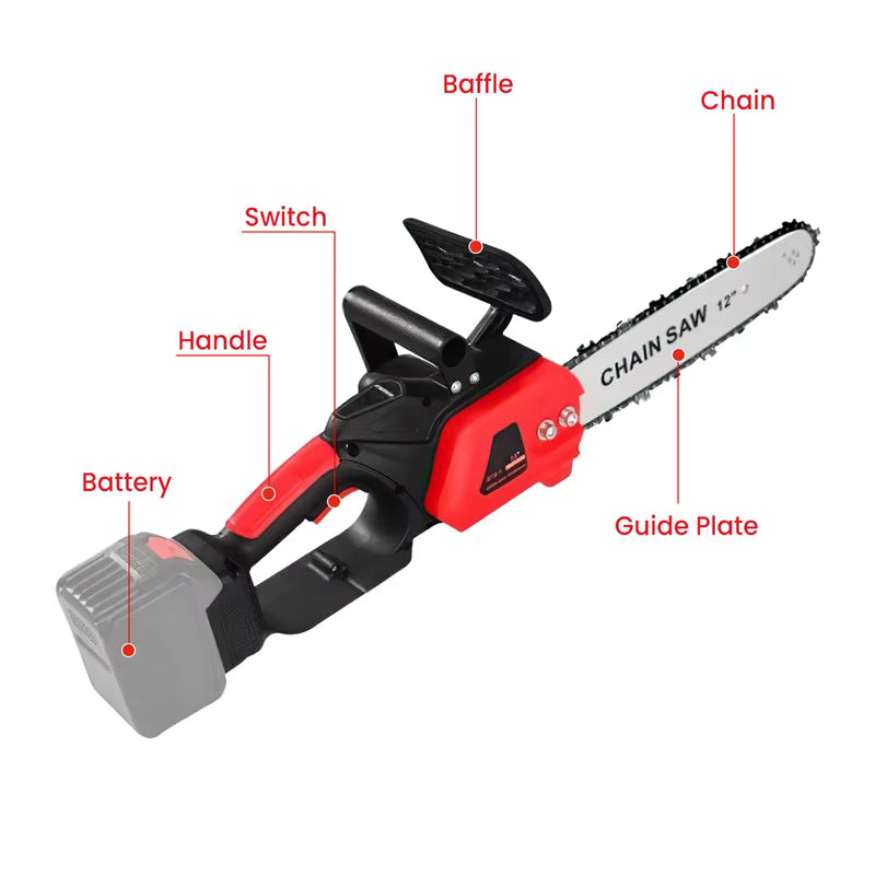 Scie à Chaîne Électrique Sans Fil 12 Pouces 3500W – Batterie 21V – Tronçonneuse Élagage