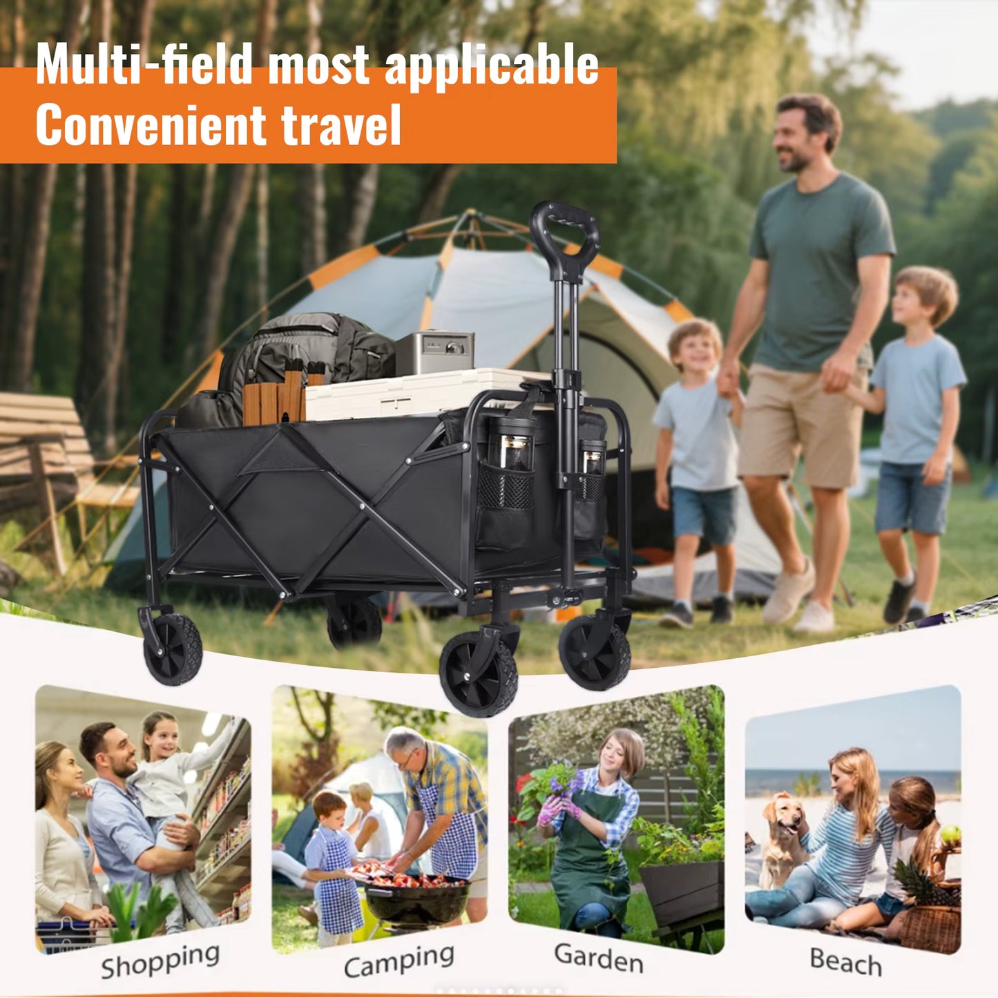 Chariot de Camping Pliable 100L 75KG avec Roues Sac de Transport Poignée Réglable Beach Wagon Outdoor