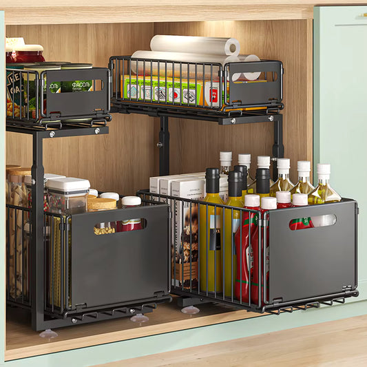 Organisateur d’armoire extractible 2 niveaux avec tiroir coulissant réglable