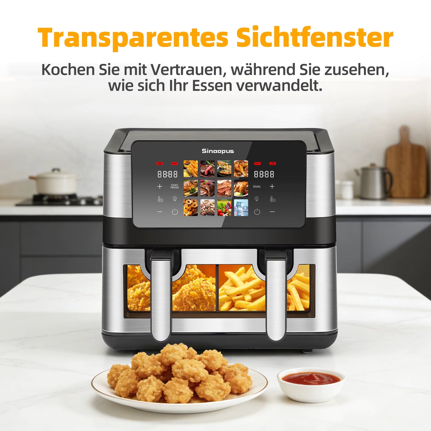 Friteuse à Air Chaud Double Panier 8,5L 2000W – Écran Tactile LED – Air Fryer Familiale 12 Programmes Sans Huile – Fenêtre de Visualisation