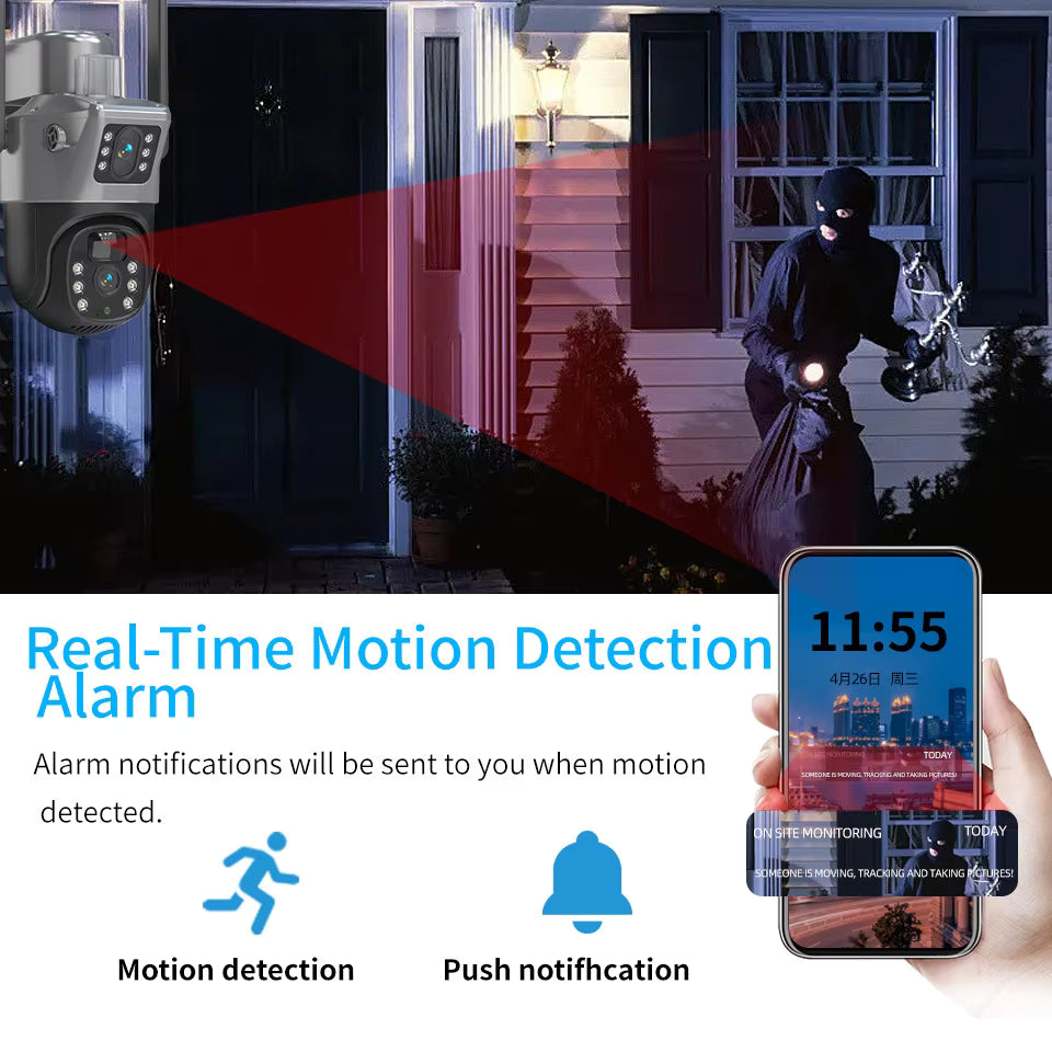Caméra de Surveillance Solaire WiFi 4MP PTZ – Double Objectif avec Audio et Détection PIR