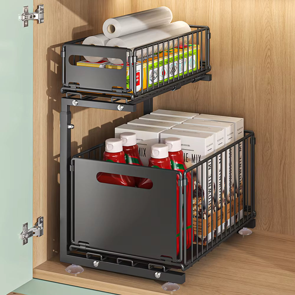 Organisateur d’armoire extractible 2 niveaux avec tiroir coulissant réglable
