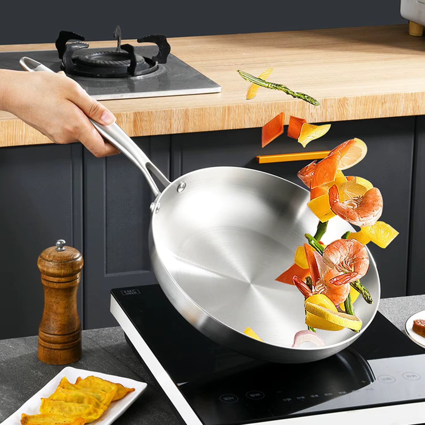 Poêle wok inox 304 24/28 cm épaisseur 2 mm