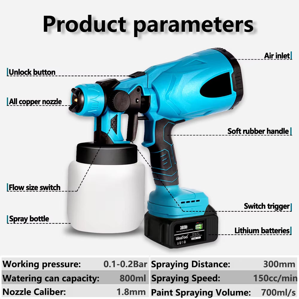 Pistolet à Peinture Sans Fil 800 ml – Pulvérisateur Électrique Rechargeable pour Mur et Meuble