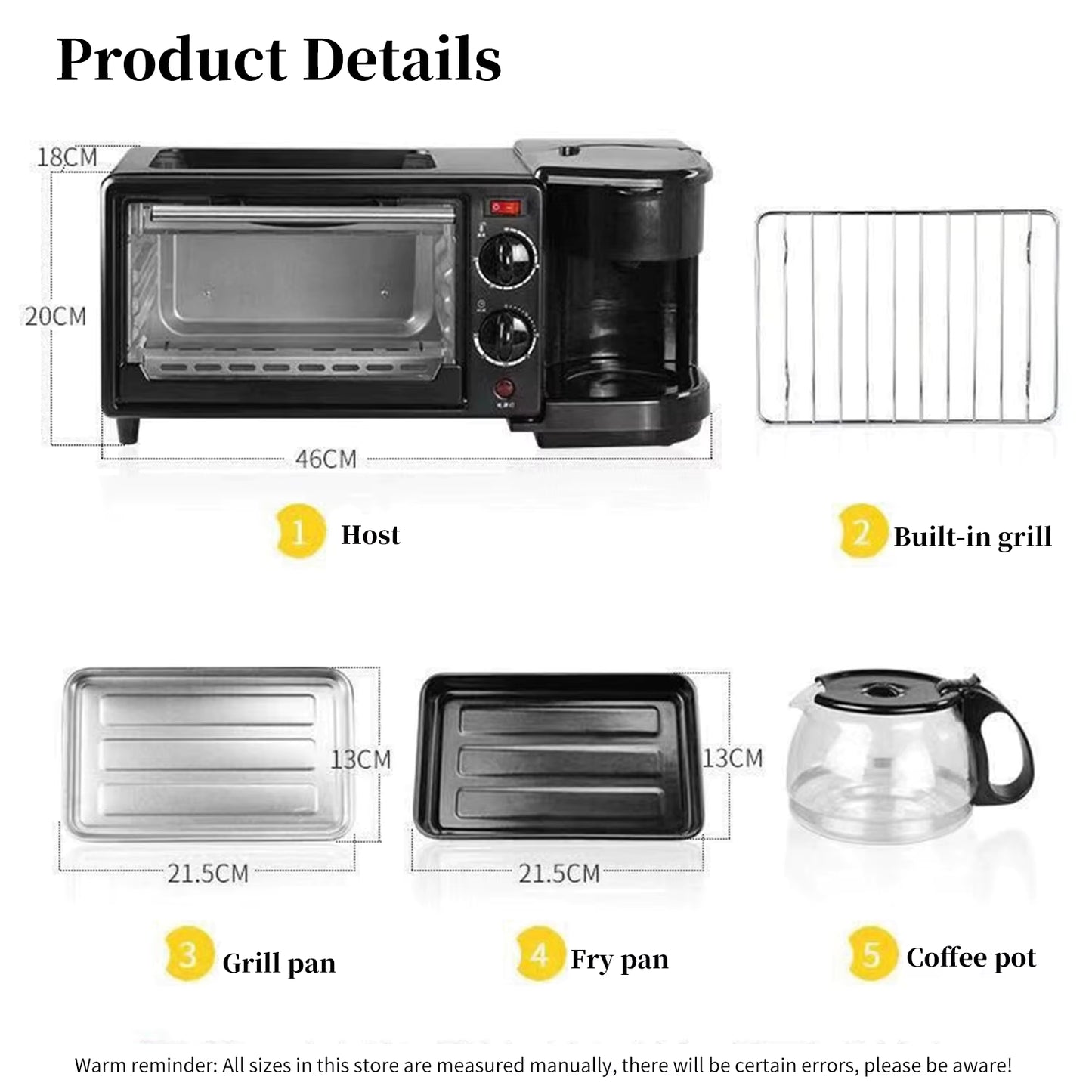 Station Petit Déjeuner 3 en 1 Multifonction avec Four, Cafetière et Grille-Pain Compact Noir
