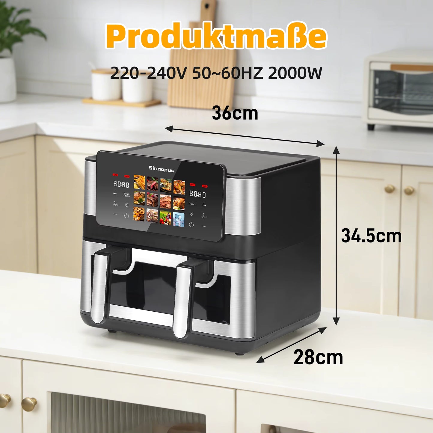 Friteuse à Air Chaud Double Panier 8,5L 2000W – Écran Tactile LED – Air Fryer Familiale 12 Programmes Sans Huile – Fenêtre de Visualisation