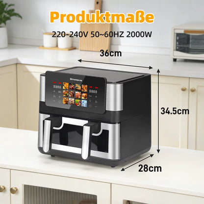 Friteuse à Air Chaud Double Panier 8,5L 2000W – Écran Tactile LED – Air Fryer Familiale 12 Programmes Sans Huile – Fenêtre de Visualisation
