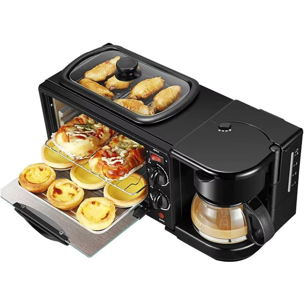 Station Petit Déjeuner 3 en 1 Multifonction avec Four, Cafetière et Grille-Pain Compact Noir