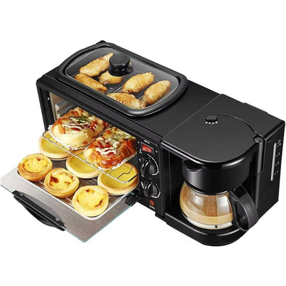 Station Petit Déjeuner 3 en 1 Multifonction avec Four, Cafetière et Grille-Pain Compact Noir