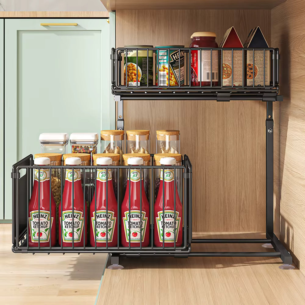 Organisateur d’armoire extractible 2 niveaux avec tiroir coulissant réglable