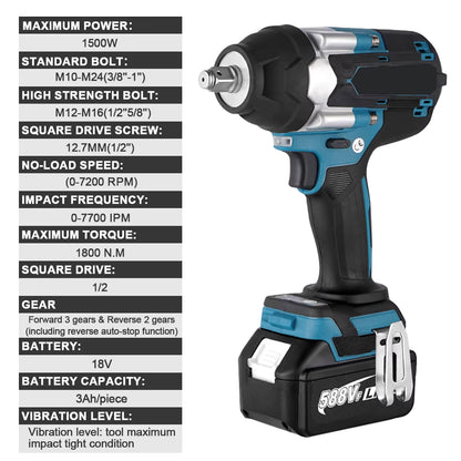 1/2-inch cordless electric impact wrench, 1800 Nm, brushless